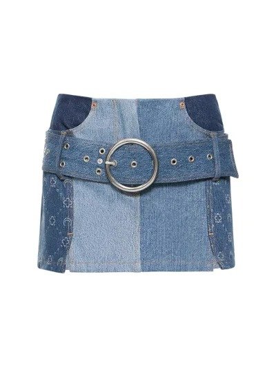 Belted patchwork denim mini skirt