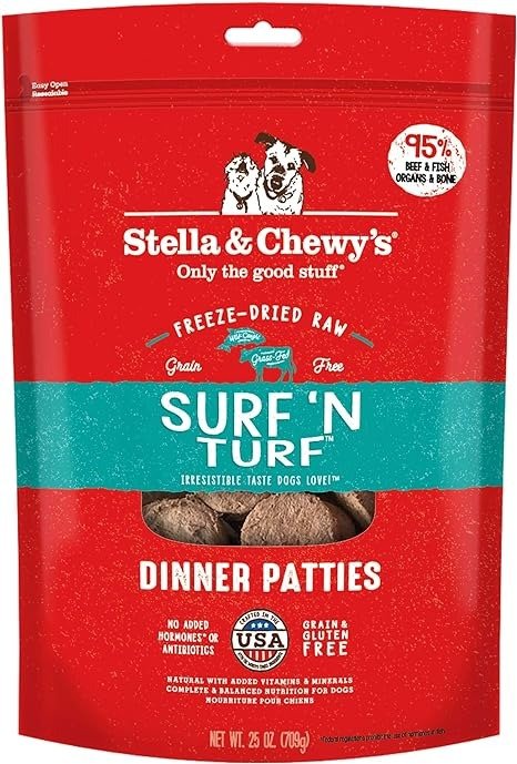 Freeze Dried Raw Dinner Patties – Grain Free Dog Food, Protein Rich Surf ‘N Turf Salmon & Beef Recipe – 25 oz Bag