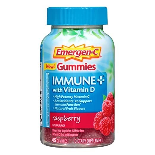 Immune+ Gummies (45 Count, Raspberry Flavor) Immune System Support with 500mg Vitamin C Dietary Supplement, Caffeine Free, Gluten Free