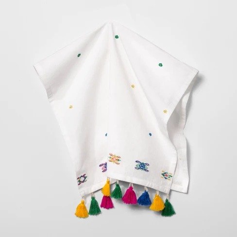 Embroidered With Colored Tassels Kitchen Towel White 