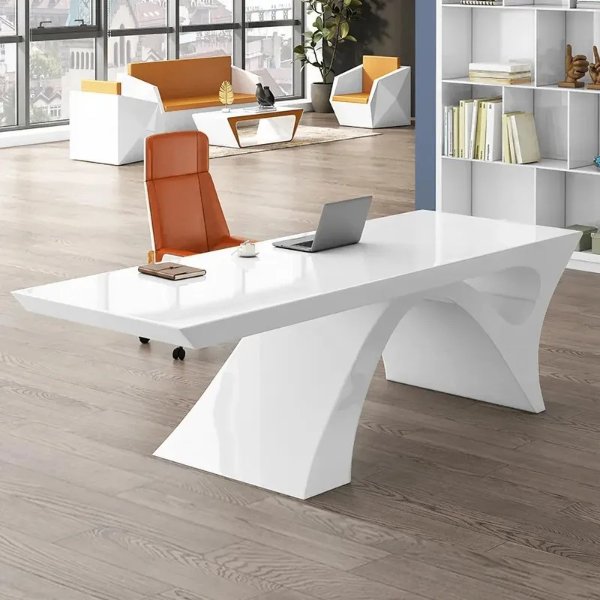 2 Pieces Concise Modern White Office Desk and Adjustable Chair-Homary