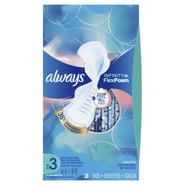 Infinity Extra Heavy Absorbency Pads with Wings, Unscented, Size 3, 28 Ct