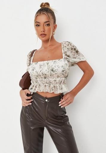 - Cream Ruched Front Floral Milkmaid Top