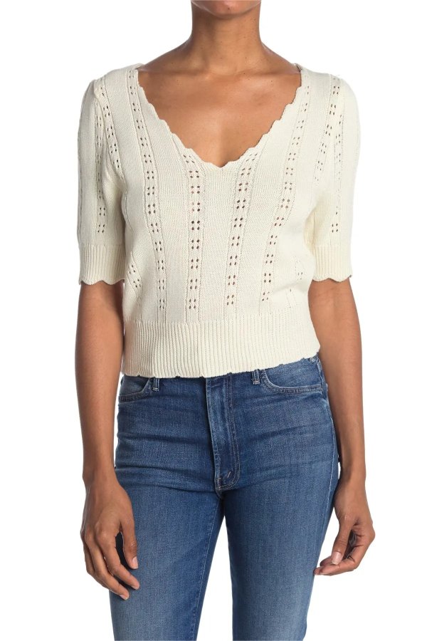 Scalloped Pointelle Knit Cropped Top