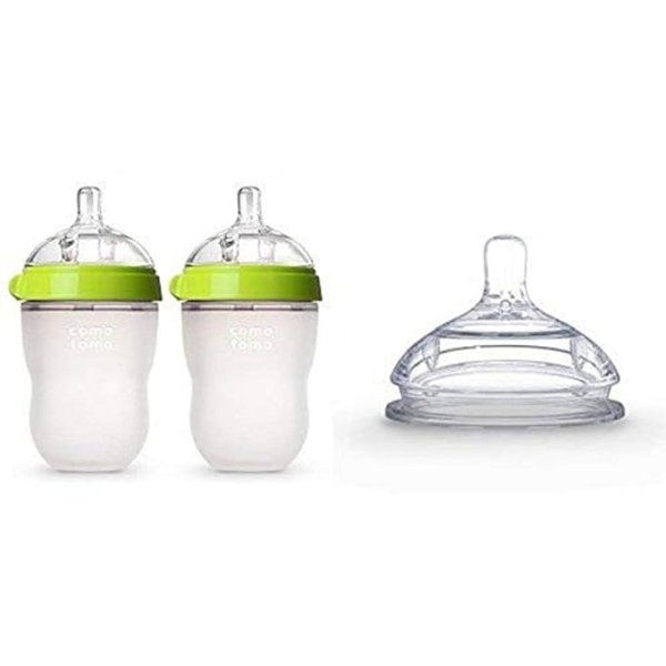 Baby Bottle, Green, 8 Ounce, 2 Count and Silicone Replacement Nipple, Clear, 6 Months, 2 Packs