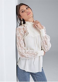 White LACE SLEEVE SMOCKED TOP from VENUS