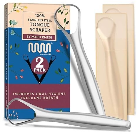 MasterMedi Tongue Scraper with Case (Spoon Shape, 2 Pack), Medical Grade Stainless Steel Tongue Scrubber for Bad Breath Treatment, Easy to Use Tongue Scraper for Adults, Tongue Cleaner for Oral Care