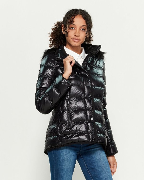 Faux Fur-Trimmed Quilted Hooded Coat