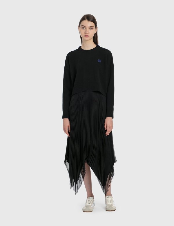 Asymmetric Pleated Skirt Leather Trim