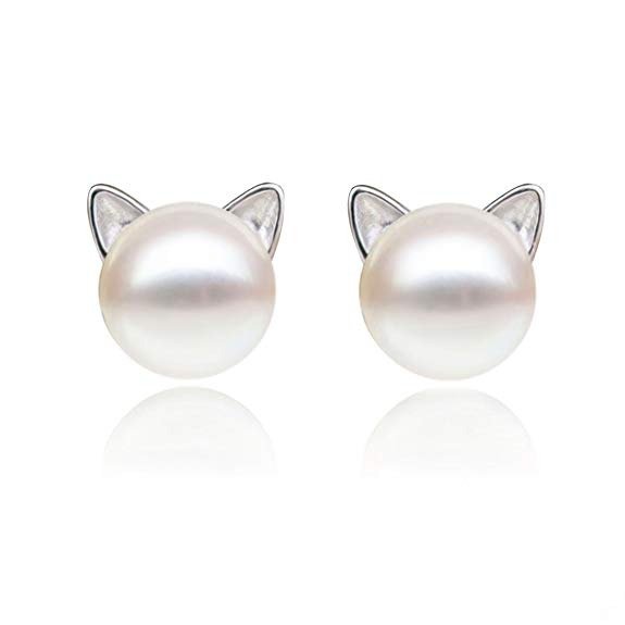 Cat Stud Earrings Freshwater Cultured Pearl Stud Earrings Sterling Silver Ear Studs