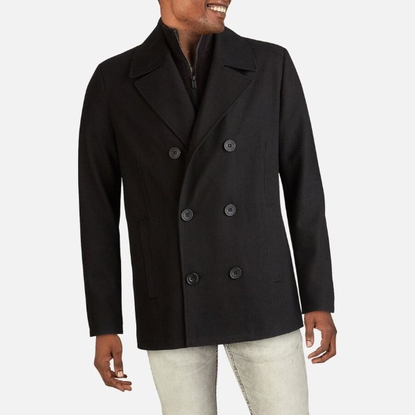 Double Breasted Wool Peacoat with Knit Insert Collar