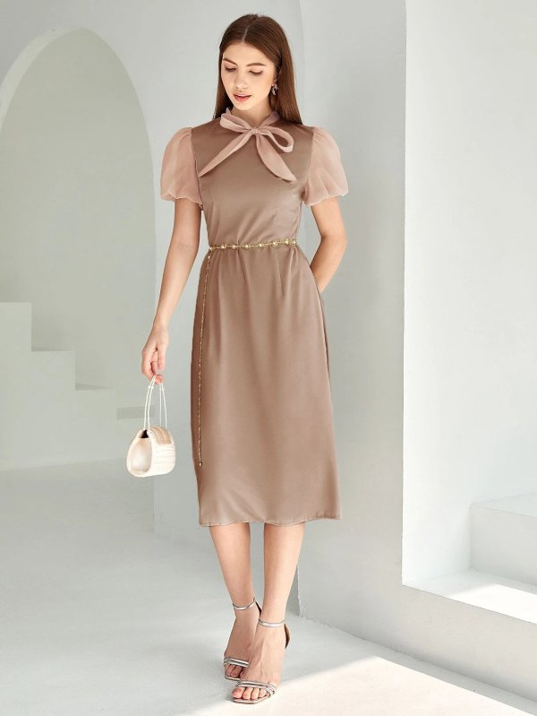 Tie Neck Puff Sleeve Dress Without Belt