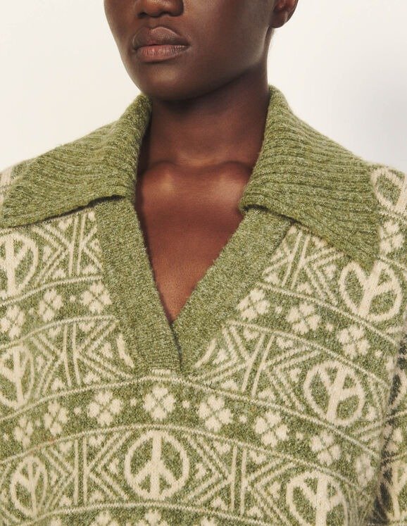 Jacquard sweater with open collar