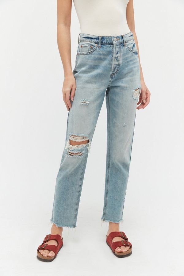High-Waisted Slim Straight Jean - Distressed Light Wash