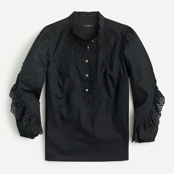 Ruffle-sleeve top with embroidered eyelet