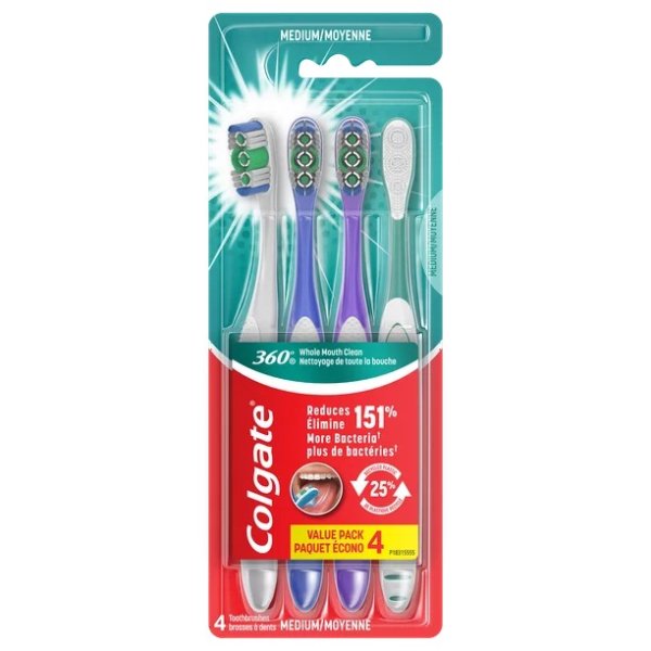 360° Manual Toothbrush with Tongue and Cheek Cleaner, Medium, 4 Ct.