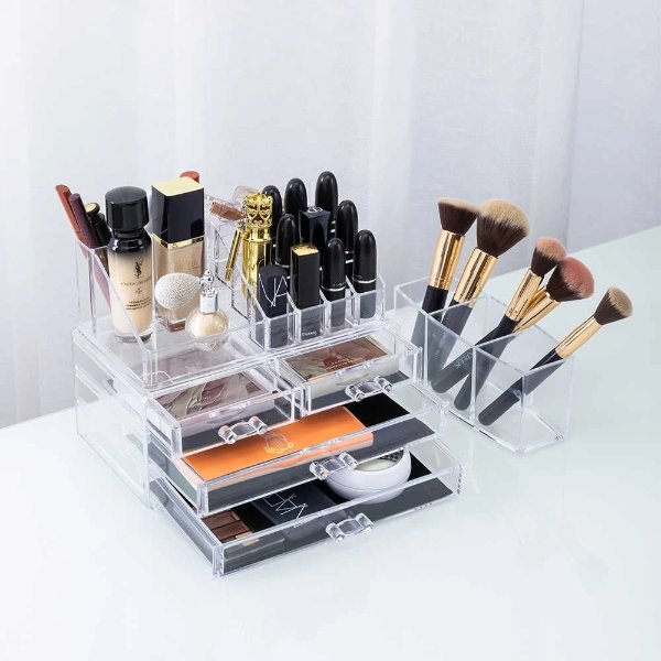 Makeup Organizers Set: Clear Acrylic Cosmetics Storage Drawers and Jewelry Display Box, 3-Slot Acrylic Makeup Brushes Holder