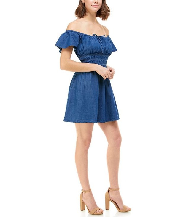 Juniors' Cotton Chambray On & Off Shoulder Dress