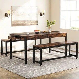 3 Piece Industrial Dining Table Set with Bench and Sided Drawer for Kitchen - Brown