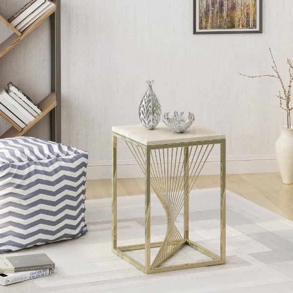 Arvid Modern Light Gray Faux Marble Accent Table with Champagne Gold Steel Frame