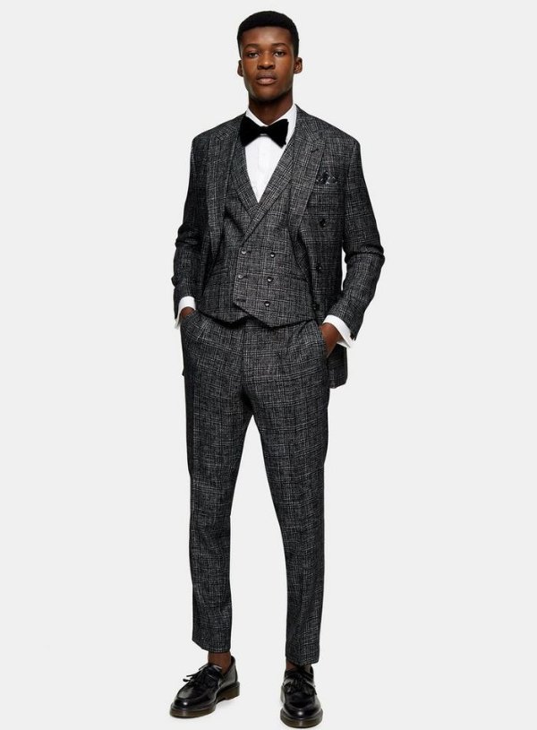 HERITAGE 3 Piece Black Check Skinny Fit Double Breasted Suit With Peak Lapels