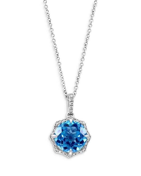 Blue Topaz & Diamond Halo Pendant Necklace in 14K White Gold, 16-18" - 100% Exclusive