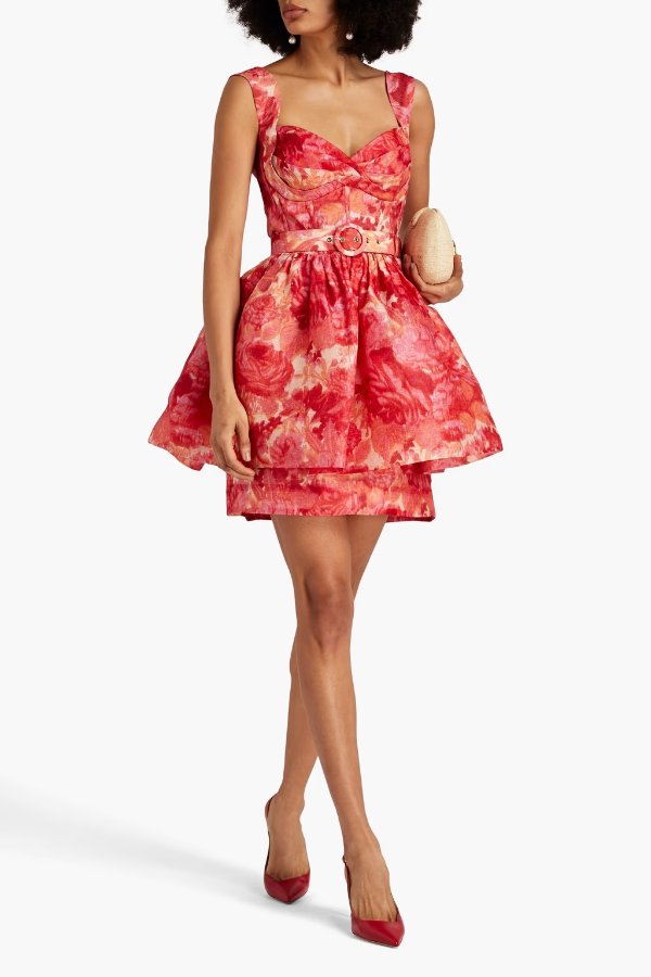 Belted floral-print linen and silk-blend peplum mini dress