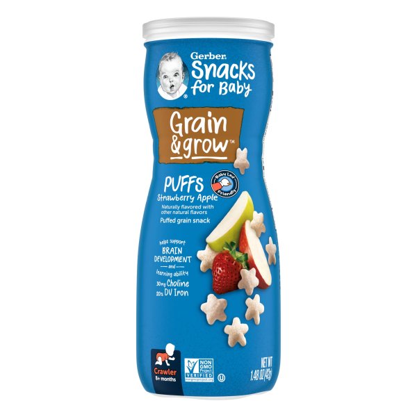 Snacks for Baby Grain & Grow Puffs, Strawberry Apple, 1.48 oz Canister