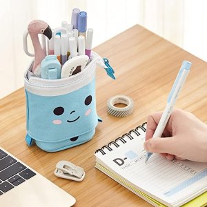 Cute Pencil Case Standing Pen Holder Telescopic Makeup Pouch Pop Up Cosmetics Bag Stationery Office Organizer Box for Girls Students Women Adults (Blue)