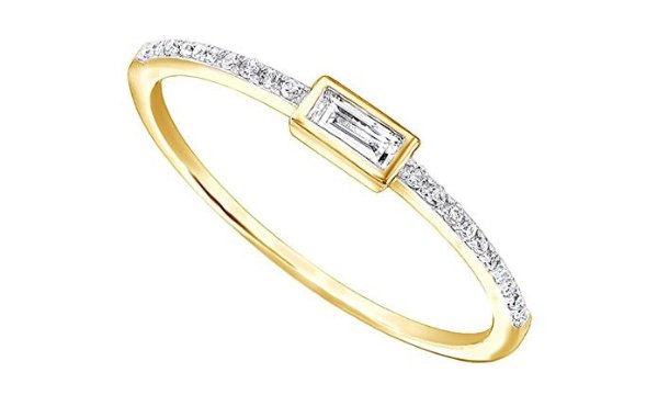 AFFY 1/10Ct Real Baguette Cut Round Cut Diamond 10K Solid Gold Engagement Wedding Stackable Band Ring