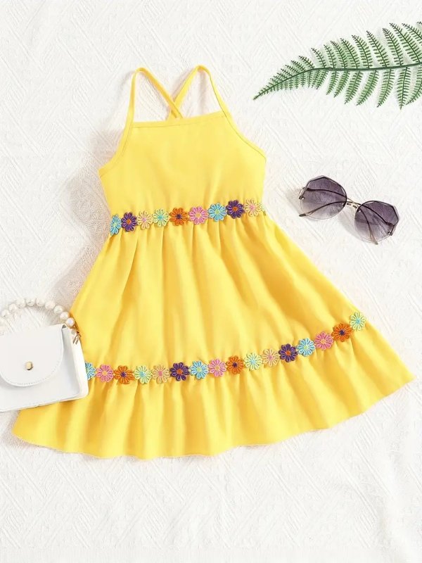 Toddler Girls Flowers Applique Ruffled Hem Cami Princess Dress For Party Beach Vacation Kids Summer Clothes