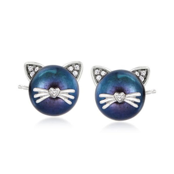 8-8.5mm Black Cultured Pearl Cat Earrings with Diamond Accents in Sterling Silver | Ross-Simons