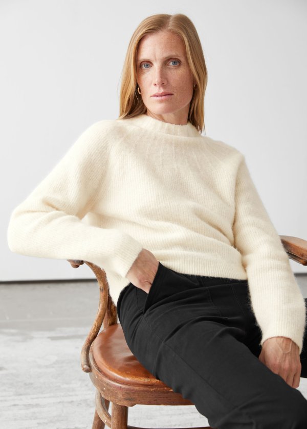 Ribbed Mock Neck Wool Blend Sweater