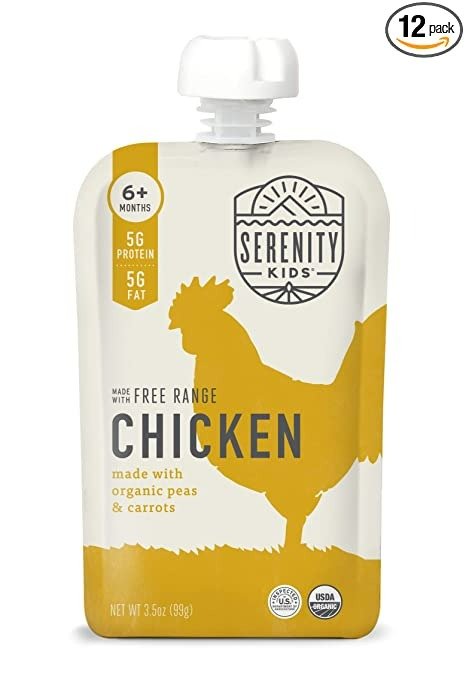 Serenity Kids 6+ Months Baby Food Pouches Puree Made With Ethically Sourced Meats & Organic Veggies | 3.5 Ounce BPA-Free Pouch | Free Range Chicken, Pea, Carrot | 12 Count