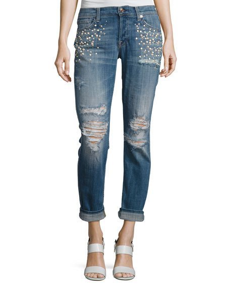 Josephina Distressed Boyfriend Jeans with Pearly Details, Indigo