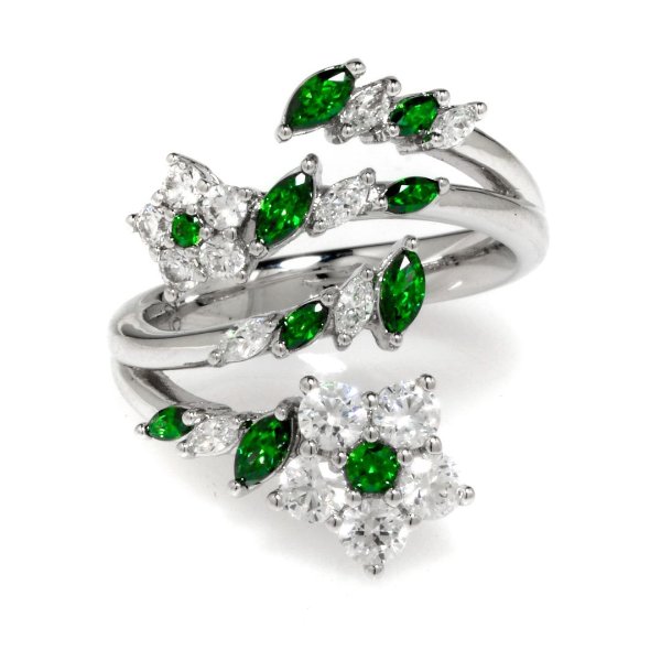 Botanical Rhodium Plated and Emerald Crystal Ring Sz 6 5535841