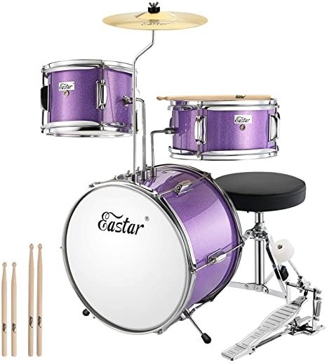 Eastar 14 inch Kids Drum Set 3 Piece with Throne, Cymbal, Pedal & Drumsticks,Metallic Purple (EDS-180Pu)