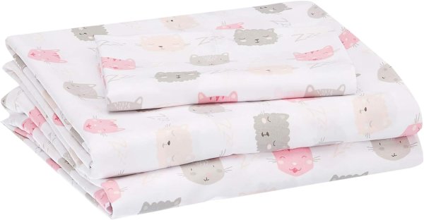 Amazon Basics 儿童柔软易洗超细床单三件套，Twin尺寸，牡丹粉色猫咪图案
