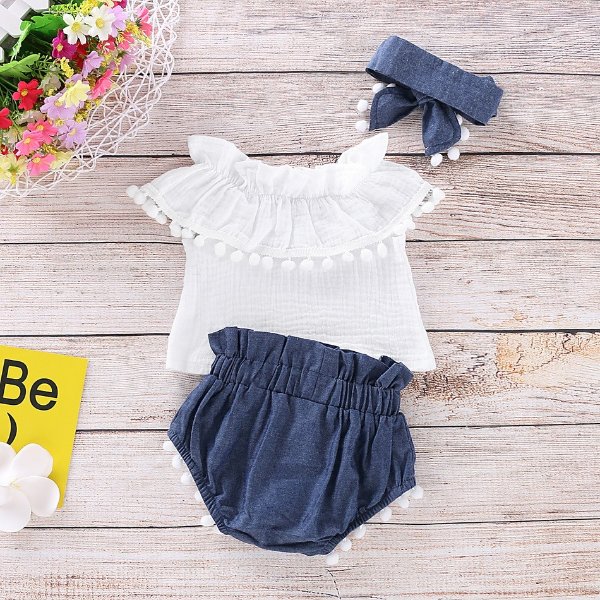 3-piece Baby / Toddler Girl Pompon Decor Flounced Collar Top and Shorts with Headband