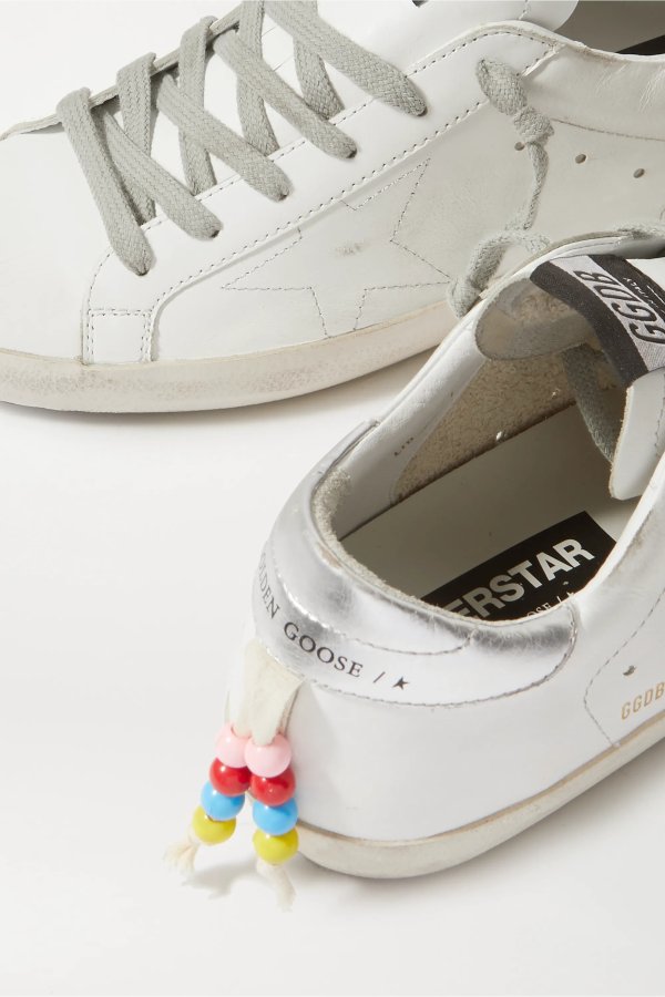 Superstar bead-embellished distressed leather sneakers