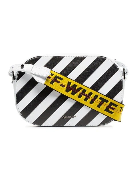 black and white diagonal stripe leather camera bag