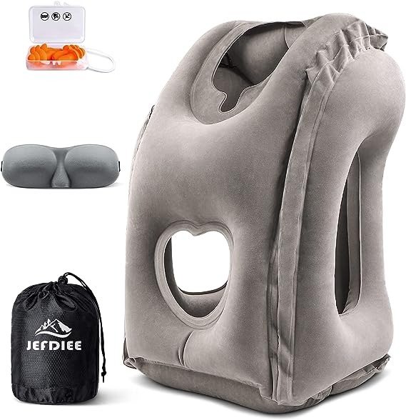 Inflatable Travel Pillow, Airplane Neck Pillow Comfortably Supports Head and Chin for Airplanes, Trains, Cars and Office Napping with 3D Eye Mask, Earplugs and Portable Drawstring Bag (Grey)
