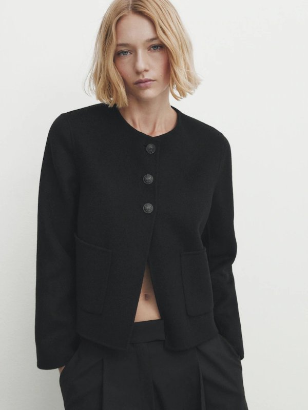 Cropped wool blend jacket with pockets