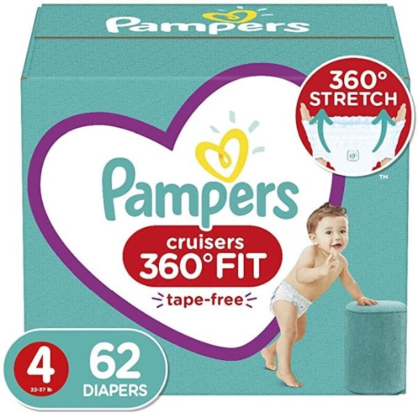 Diapers Size 4, 62 Count - Pampers Pull On Cruisers 360° Fit Disposable Baby Diapers with Stretchy Waistband, Super Pack (Packaging May Vary)