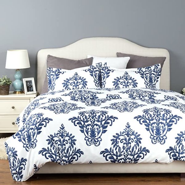 Printed Damask Pattern Duvet Cover Set with Zipper Closure Victoria Blue Modern Full/Queen (90x90 inches)-3 Pieces (1 Duvet Cover + 2 Pillow Shams) 