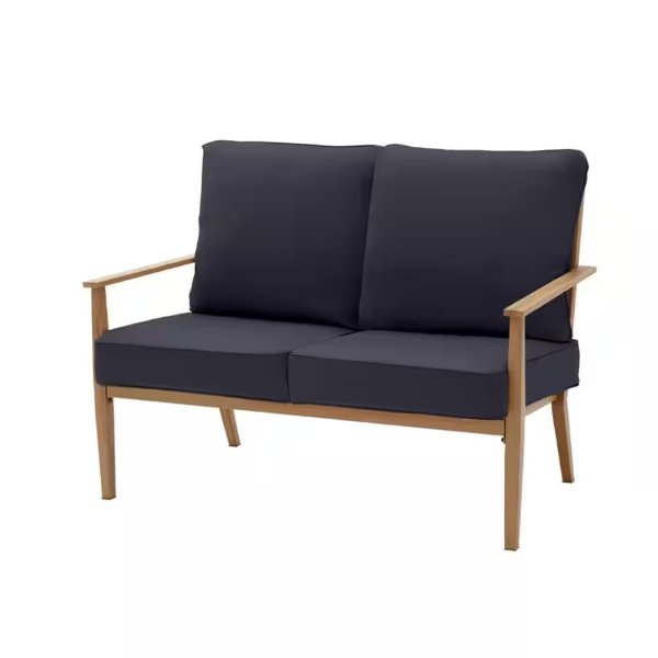 Alderton Brown Steel Outdoor Patio Loveseat with CushionGuard Midnight Navy Blue Cushions