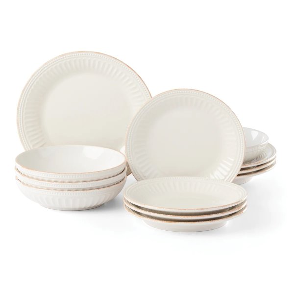 French Perle Groove White 12-Piece Dinnerware Set