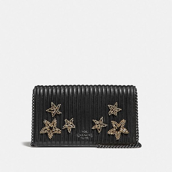 Callie Foldover Chain Clutch With Quilting and Crystal Embellishment