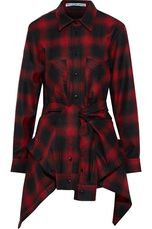 Tie-front checked wool mini shirt dress