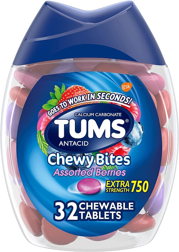 Chewy Bites Antacid Tablets for Chewable Heartburn Relief and Acid Indigestion Relief, Assorted Berries - 32 Count